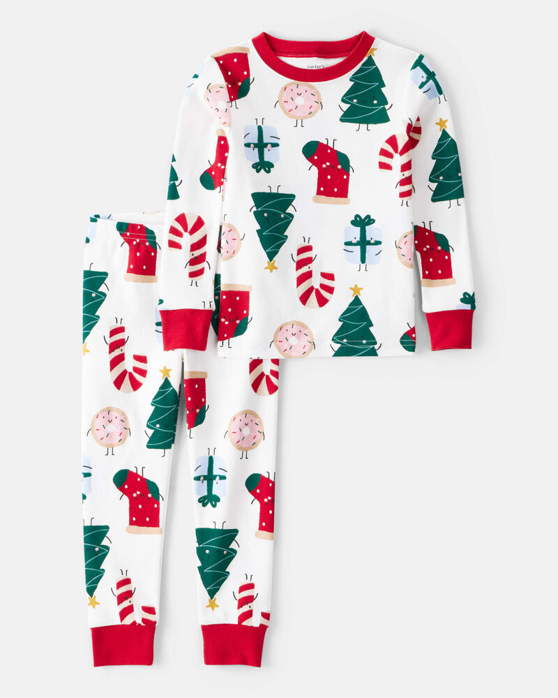 Baby Santa Print 100% Cotton Long-Sleeve 2-Piece Pajamas - White, image 1 of 3 slides