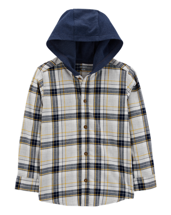 Kid Plaid Hooded Button-Down Shirt, 