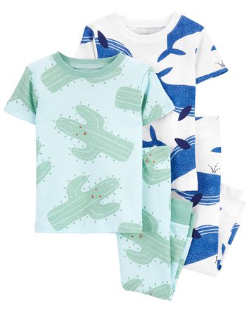 Toddler 4-Piece Cactus and Whale 100% Snug Fit Cotton Pajamas, 