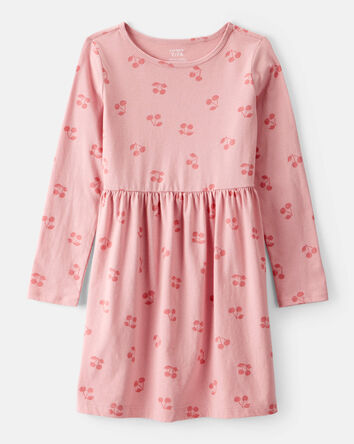 Girls Cherry Print Long Sleeve Cotton Dress - Pink, 