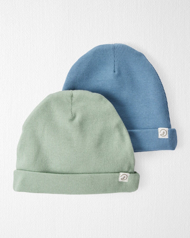 Baby 2-Pack Organic Cotton Rib Caps - Juniper Moss, Blue, image 1 of 4 slides