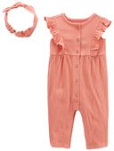 Pink - Baby 2-Piece Crinkle Jersey Jumpsuit & Headwrap Set
