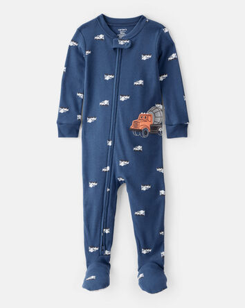 Toddler Boy Construction Print 100% Cotton Long-Sleeve 2-Way Zip 1-Piece Pajamas - Blue, 
