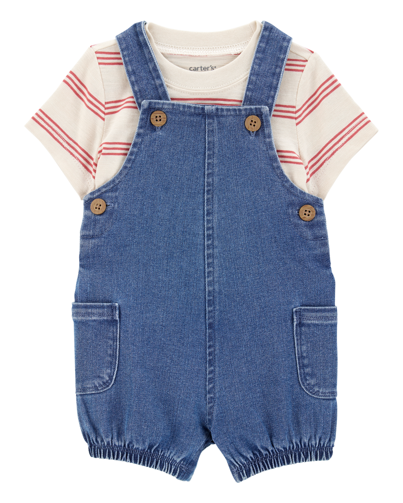 Baby Boy 2-Piece Striped Tee & Denim Shortall Set - Navy/Ivory, image 1 of 6 slides
