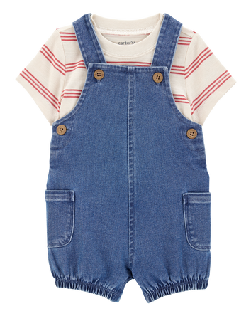 Baby Boy 2-Piece Striped Tee & Denim Shortall Set - Navy/Ivory, 