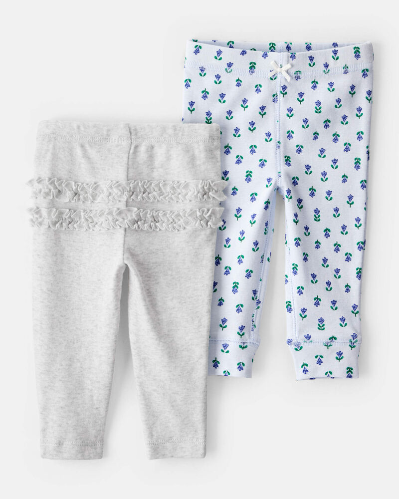 Baby 2-Pack Floral Pull-On Pants - Grey/Blue, image 9 of 10 slides