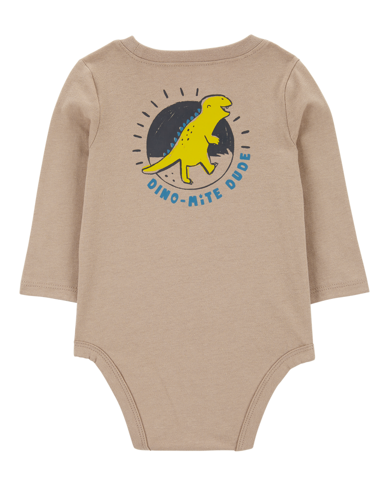 Baby Dino-Mite Dude Dinosaur Long-Sleeve Bodysuit, image 2 of 5 slides