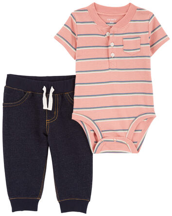 Baby 2-Piece Striped Henley Bodysuit Pant Set, 