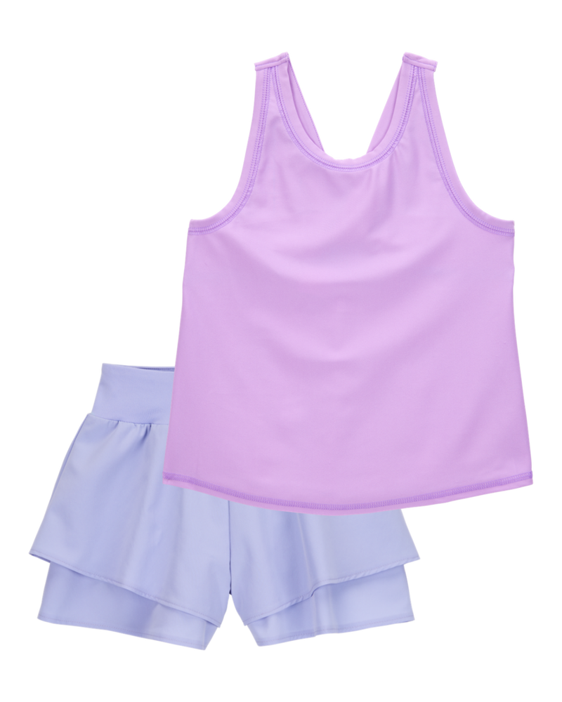 Kid 2-Piece Floral Active Twist Tank & Flowy Layered Flip Short Set - Purple/Blue, image 1 of 8 slides