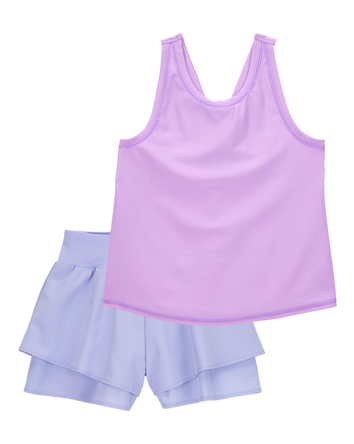 Kid 2-Piece Floral Active Twist Tank & Flowy Layered Flip Short Set - Purple/Blue, 