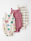 Sand & Sea Print, Dark Blush, Striped - Baby 3-Pack Organic Cotton Tank Bodysuits 