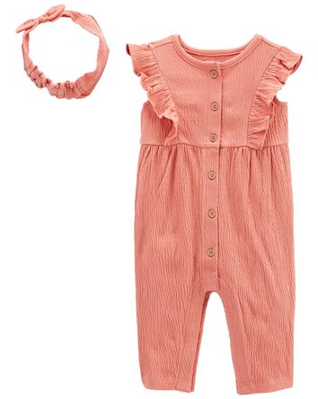 Baby 2-Piece Crinkle Jersey Jumpsuit & Headwrap Set, 
