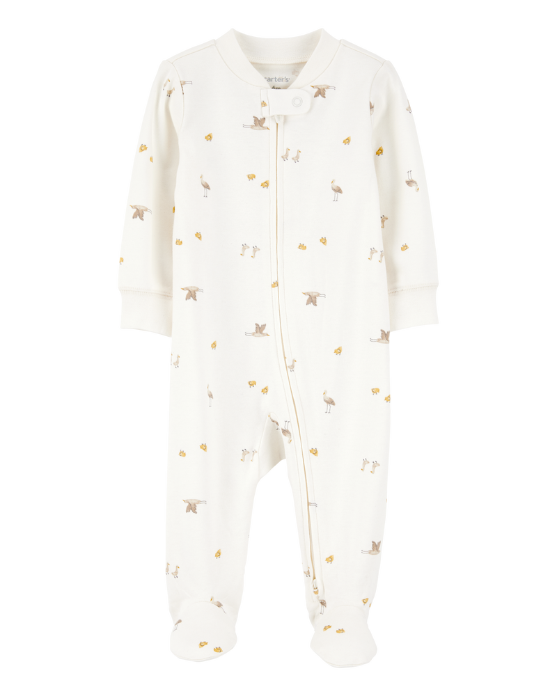 Baby Mini Bird Print 2-Way Zip Cotton Sleep & Play Pajamas, image 1 of 3 slides