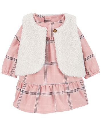 Baby 2-Piece Plaid Dress & Sherpa Vest Set, 