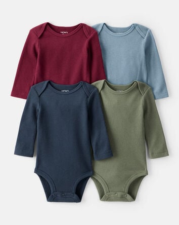 Baby Boy 4-Pack Long-Sleeve Multipack Bodysuits - Blue/Red/Navy/Green, 