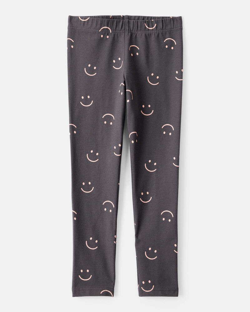 Girls Smiley Face Print Cotton Pull-On Stretch Leggings - Black, image 1 of 4 slides