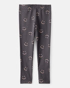 Girls Smiley Face Print Cotton Pull-On Stretch Leggings - Black, image 1 of 4 slides