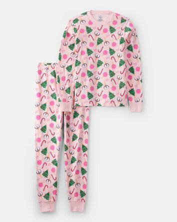 Adults Christmas Ornament Print 100% Cotton Long-Sleeve 2-Piece Pajamas - Pink, 