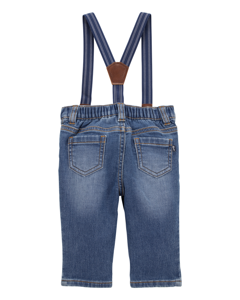 Baby Knit-Denim Suspender Pants - Blue, image 2 of 4 slides