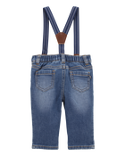 Baby Knit-Denim Suspender Pants - Blue, image 2 of 4 slides