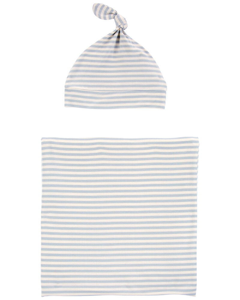 Baby 2-Piece Striped Swaddle Cap and Blanket Set - Blue, image 1 of 4 slides