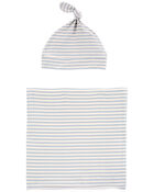 Baby 2-Piece Striped Swaddle Cap and Blanket Set - Blue, image 1 of 4 slides