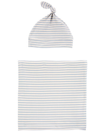 Baby 2-Piece Striped Swaddle Cap and Blanket Set - Blue, 