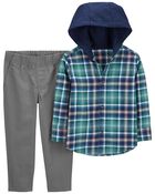 Toddler 2-Piece Plaid Hooded Button-Front & Pant Set, image 1 of 3 slides