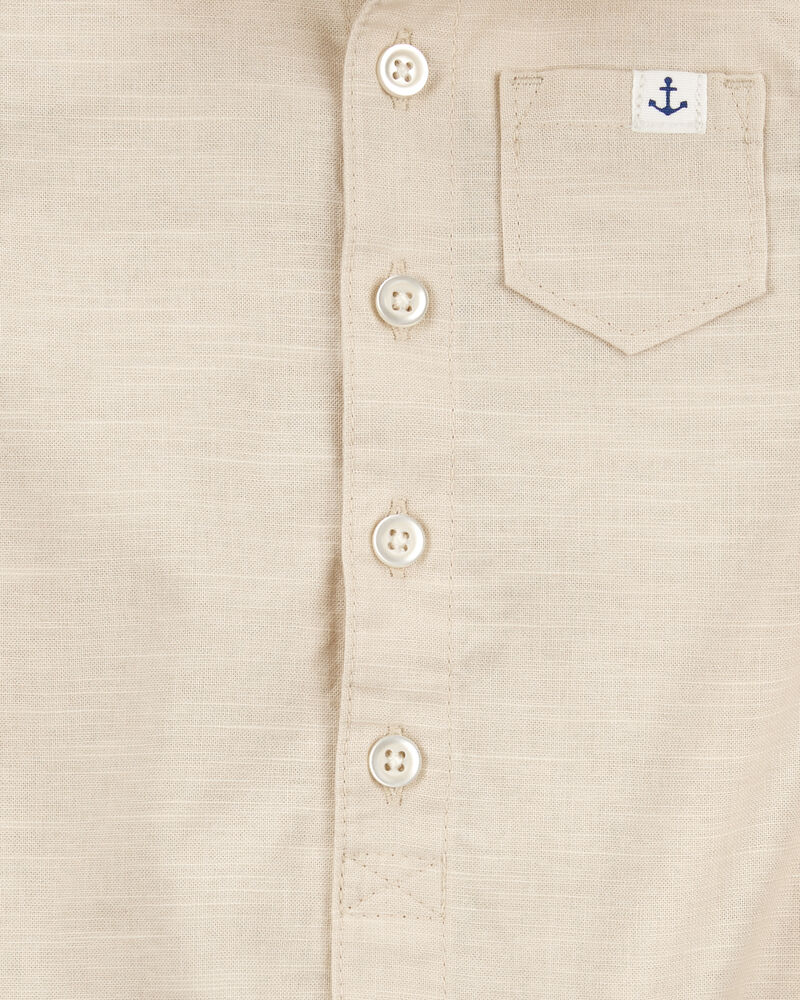 Baby Button-Front Romper- Tan, image 2 of 3 slides