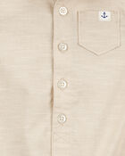 Baby Button-Front Romper- Tan, image 2 of 3 slides