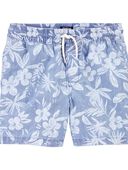 Blue - Kid Tropical Print Chambray Drawstring Shorts