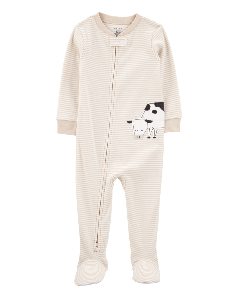 Baby Boy Cow Striped Snug Fit Cotton Footie 1-Piece Pajamas - Tan, image 1 of 4 slides