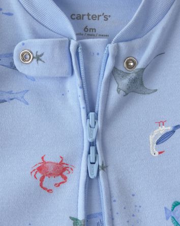 Baby Sea Animals 2-Way Zip 100% Cotton Sleep & Play Pajama - Blue, 