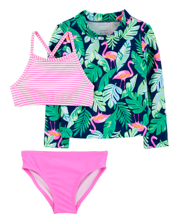 Toddler Girl 3-Piece Tropical Flamingo Print Rashguard Swim Set, 