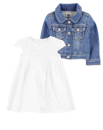 Baby 2-Piece Classic Knit-Like Denim Jacket & Babydoll Dress Set, 