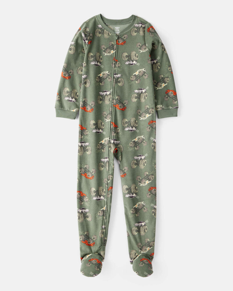 Kid 1-Piece Monster Truck Fleece Footie Pajamas - Green, image 1 of 3 slides