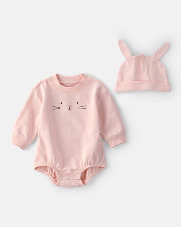 Baby Girl Bunny Bubble Romper & Hat Set - Pink, 