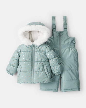 Baby Girl 2-Piece Polka Dot Hooded Snowsuit Jacket & Bib Set - Green, 