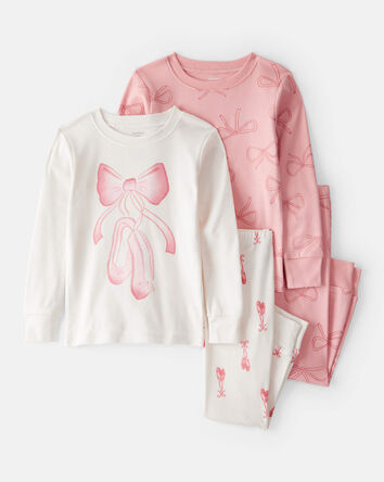 Baby Girl Ballet Print 100% Cotton Long-Sleeve 4-Piece Pajamas - Pink/White, 