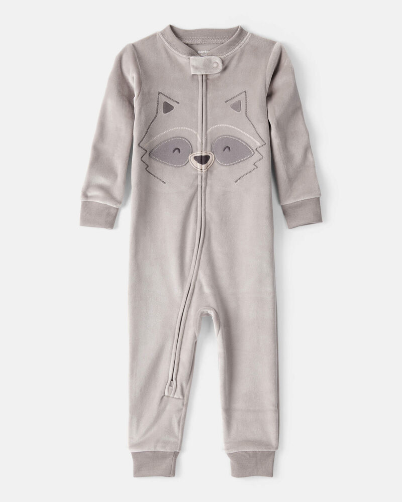 Toddler Boy Raccoon Velour-Velboa Loose Fit Long-Sleeve 2-Way Zip Pajamas, image 1 of 5 slides