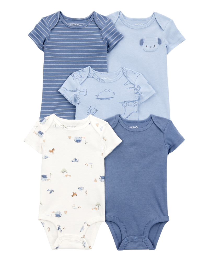 Baby Boy 5-Pack Dog Short-Sleeve Cotton Bodysuits - Blue, image 1 of 8 slides