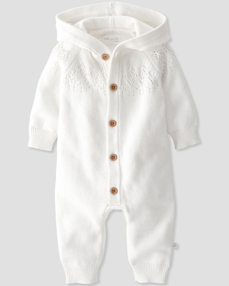 Baby Organic Cotton  Sweater Knit Pointelle Jumpsuit in Ivory, image 4 of 5 slides