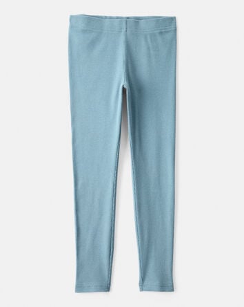 Girls Rib 100% Cotton Pull-On Stretch Leggings - Blue, 
