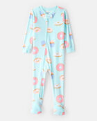 Toddler Girl Donuts Print Velour Long-Sleeve Loose Fit 1-Piece Pajamas - Blue, image 1 of 4 slides