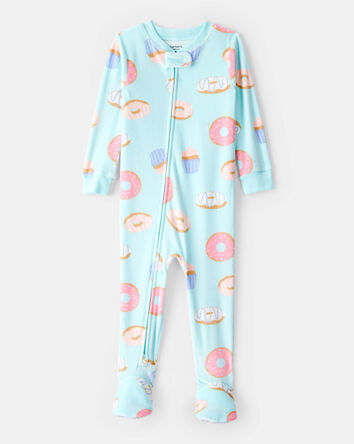 Toddler Girl Donuts Print Velour Long-Sleeve Loose Fit 1-Piece Pajamas - Blue, 
