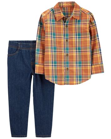 Baby 2-Piece Plaid Button-Front Shirt & Pant Set, 