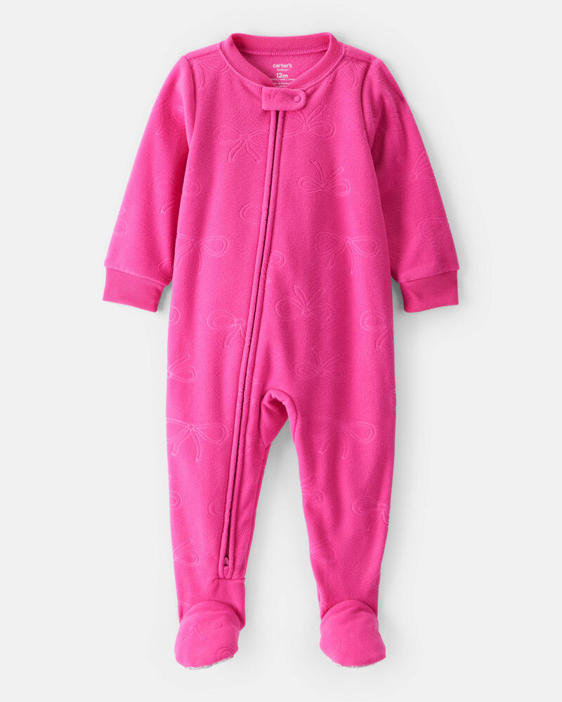 Toddler Girl Bow Loose Fit Long-Sleeve 2-Way Zip 1-Piece Pajamas - Pink, image 1 of 3 slides