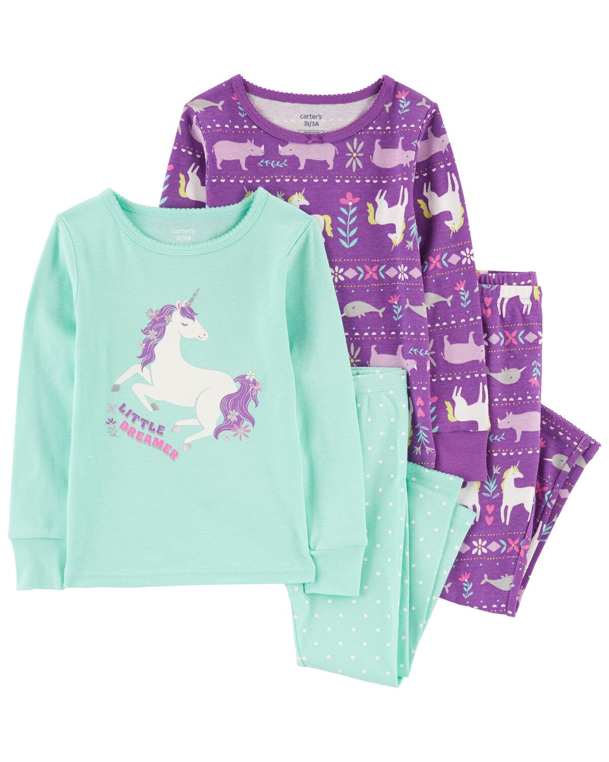 Turquoise/Purple Baby 4-Piece Unicorn 100% Snug Fit Cotton Pajamas ...