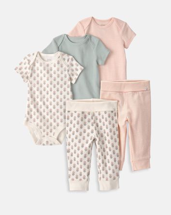 Baby Girl 5-Piece Organic Cotton Bodysuits & Pants Set in Floral Print, 