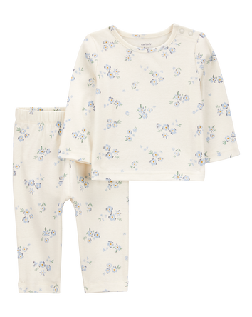 Baby 2-Piece Floral Long-Sleeve Tee & Pant Set - White/Blue, 